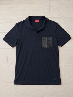 HUGO Men's Black Polo with Textured Chest Pocket